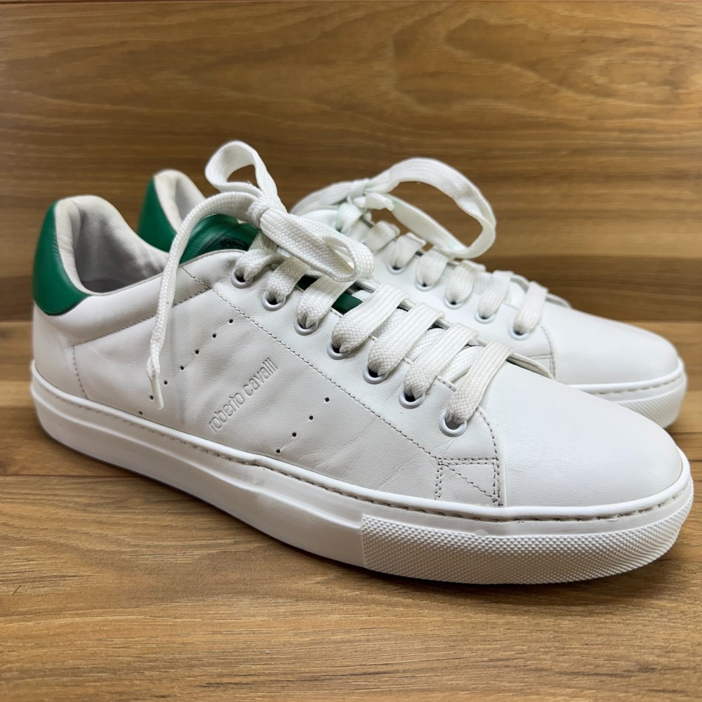 Roberto Cavalli White Green Leather Mens 10 EU 43 Low Top Sneakers Italy